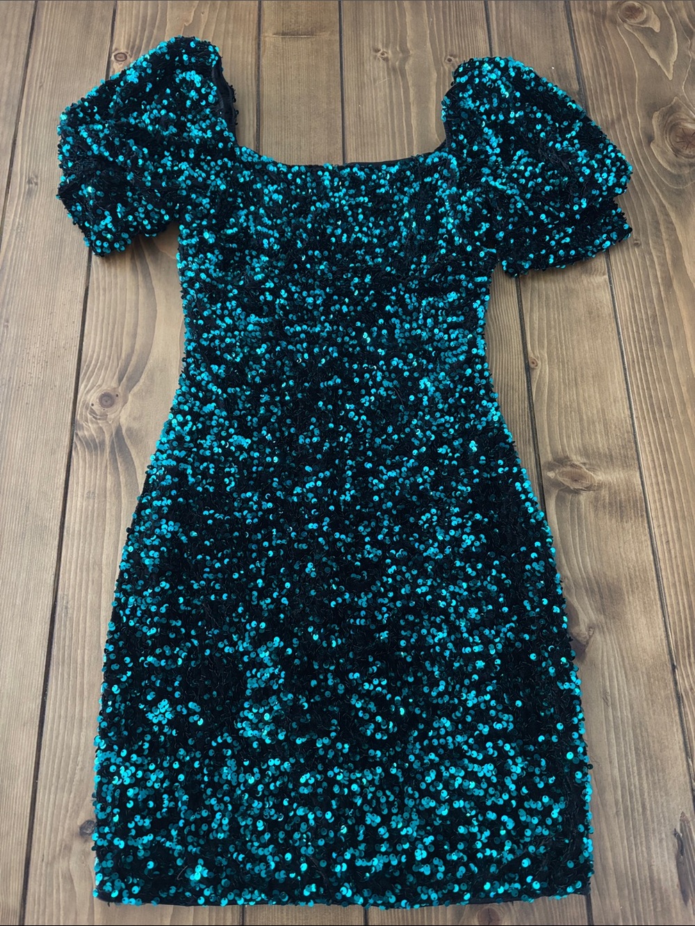 Altar'd State Teal Sequin Puff-Sleeve Mini Dress
